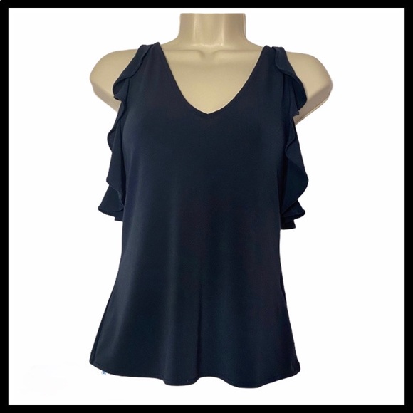 BANANA REPUBLIC NAVY CROSS FRONT NAVY RUFFLE TOP - Picture 2 of 8